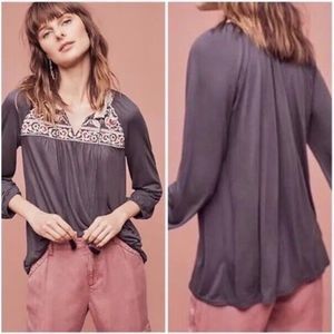 Anthropologie One September Nightingale Embroidered Tassel Top Carbon Small